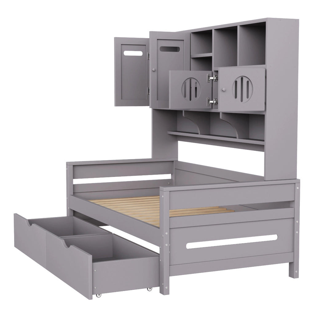 Letto singolo multifunzione 90x200 cm in legno di pino; con spazio contenitore e cassetti; grigio