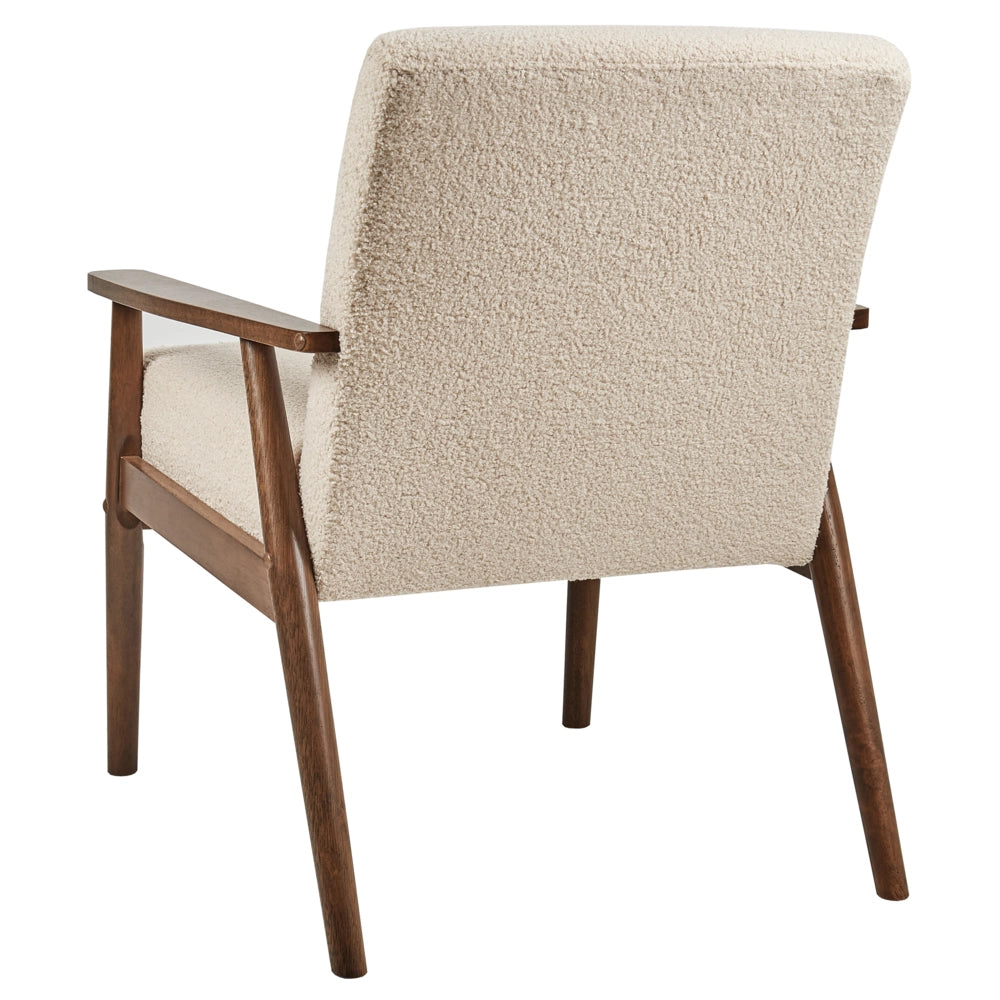 Poltrona da salotto con rivestimento in tessuto boucle beige con struttura in legno stile retrò