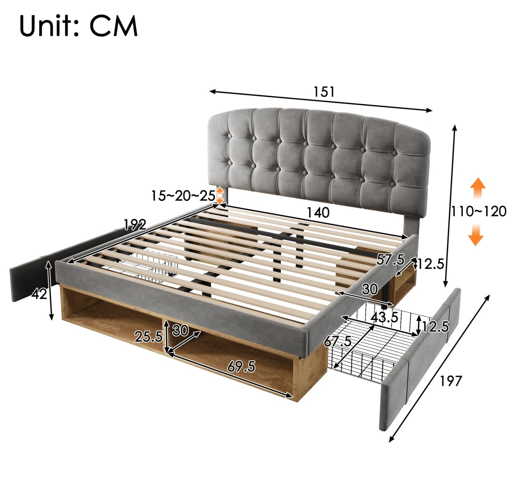 Letto imbottito 140x190 cm in velluto grigio con testiera regolabile; doghe; cassetti e vani contenitore