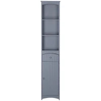 Armadio Alto da Bagno Stretto con 1 Cassetto e 3 Ripiani Aperti Stile Moderno 34x24x170 cm Grigio