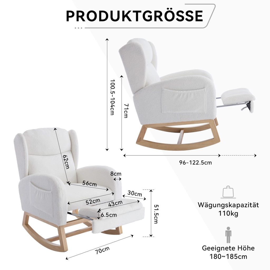 Poltrona a Dondolo con Poggiapiedi ¨C MINIMAL ¨C Tessuto Teddy, Schienale Alto, Bianco
