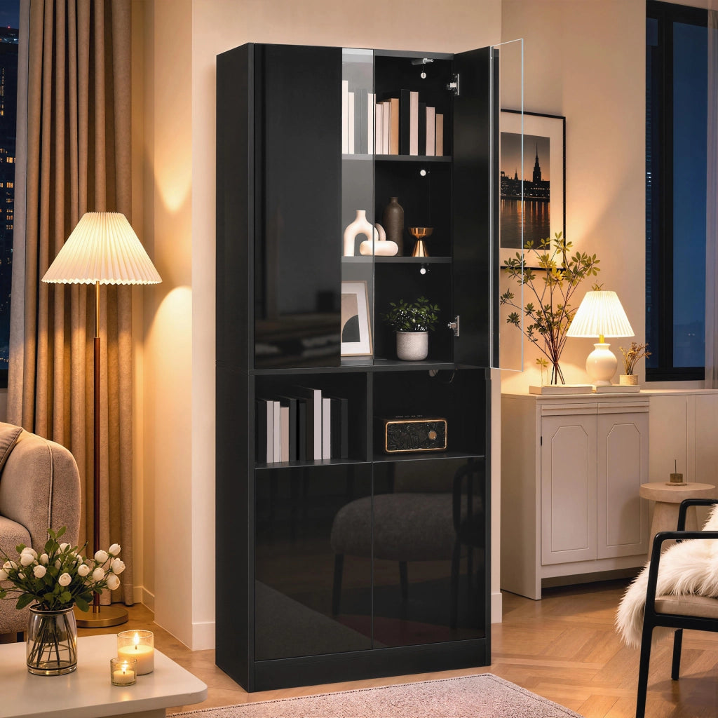 Armadio con LED, 2 ante superiori e 2 inferiori, 3 ripiani e 2 vani aperti, per ingresso e soggiorno 70 × 35 × 180 cm