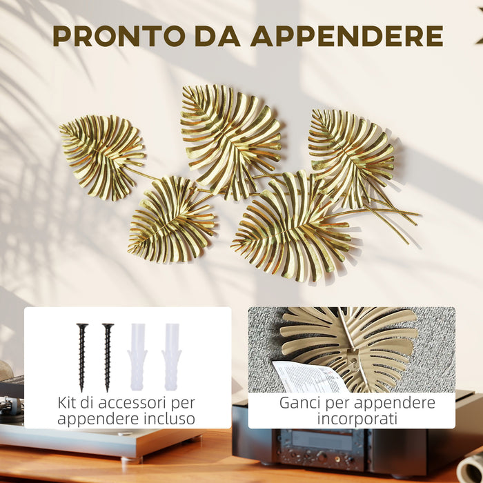 Decorazione Murale 3D 83x2,5x39 cm Wall Art Foglie di Monstera in Metallo Oro