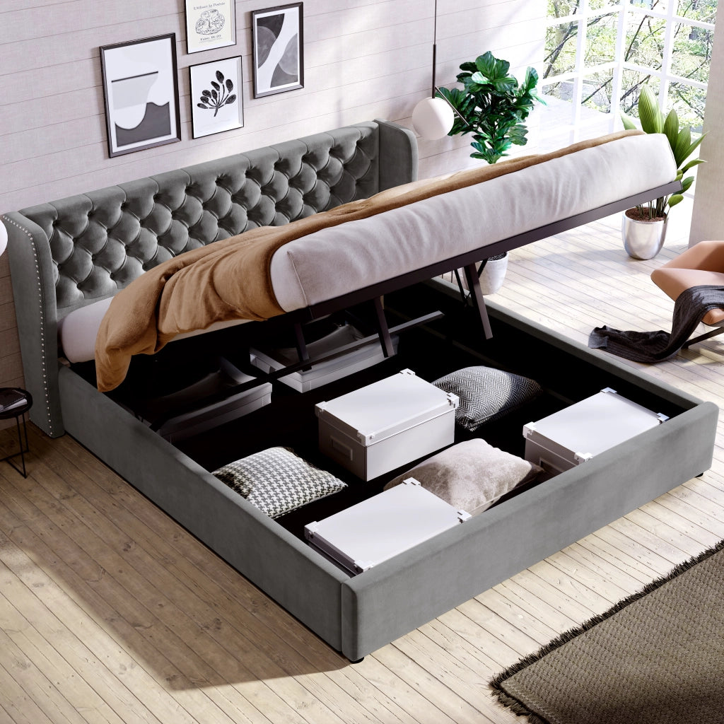 Letti contenitori 160x200 cm con contenitore idraulico; velluto grigio (Senza materasso)