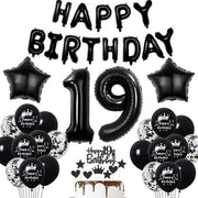 Decorazione per Festa di Compleanno - 19 anni - Bambù Decorativo - Palloncini di Latex 81 cm - Bandiera di Compleanno - Decorazione Unica in Nero - Decorazione per Festa di Compleanno