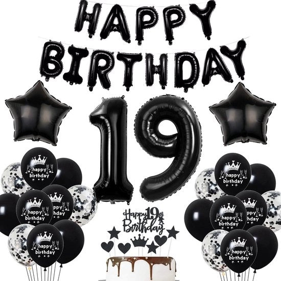 Decorazione per Festa di Compleanno - 19 anni - Bambù Decorativo - Palloncini di Latex 81 cm - Bandiera di Compleanno - Decorazione Unica in Nero - Decorazione per Festa di Compleanno
