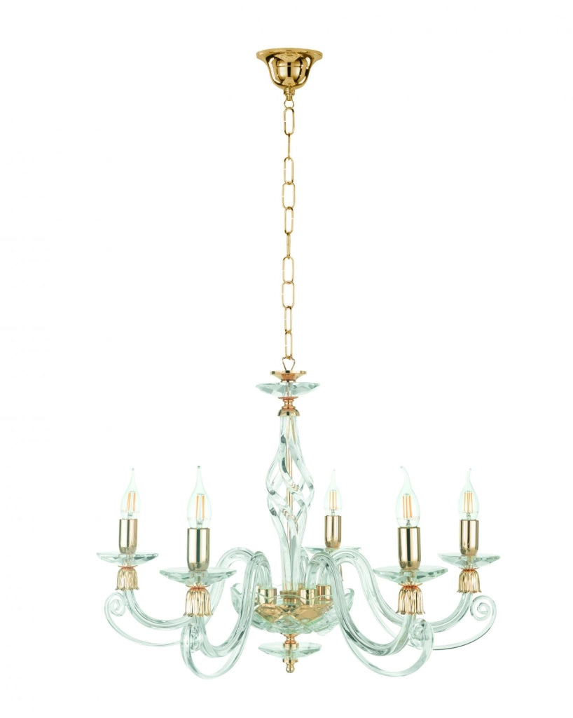 LAMPADARIO 1306 5 LUCI TRASPARENTE E ORO ATTACCO E14 D.76CM