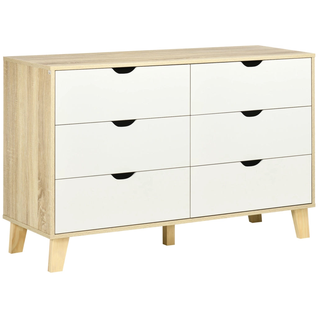 Cassettiera 6 Cassetti 120x40x76 cm con Maniglie Intagliate in Legno Bianco e Rovere