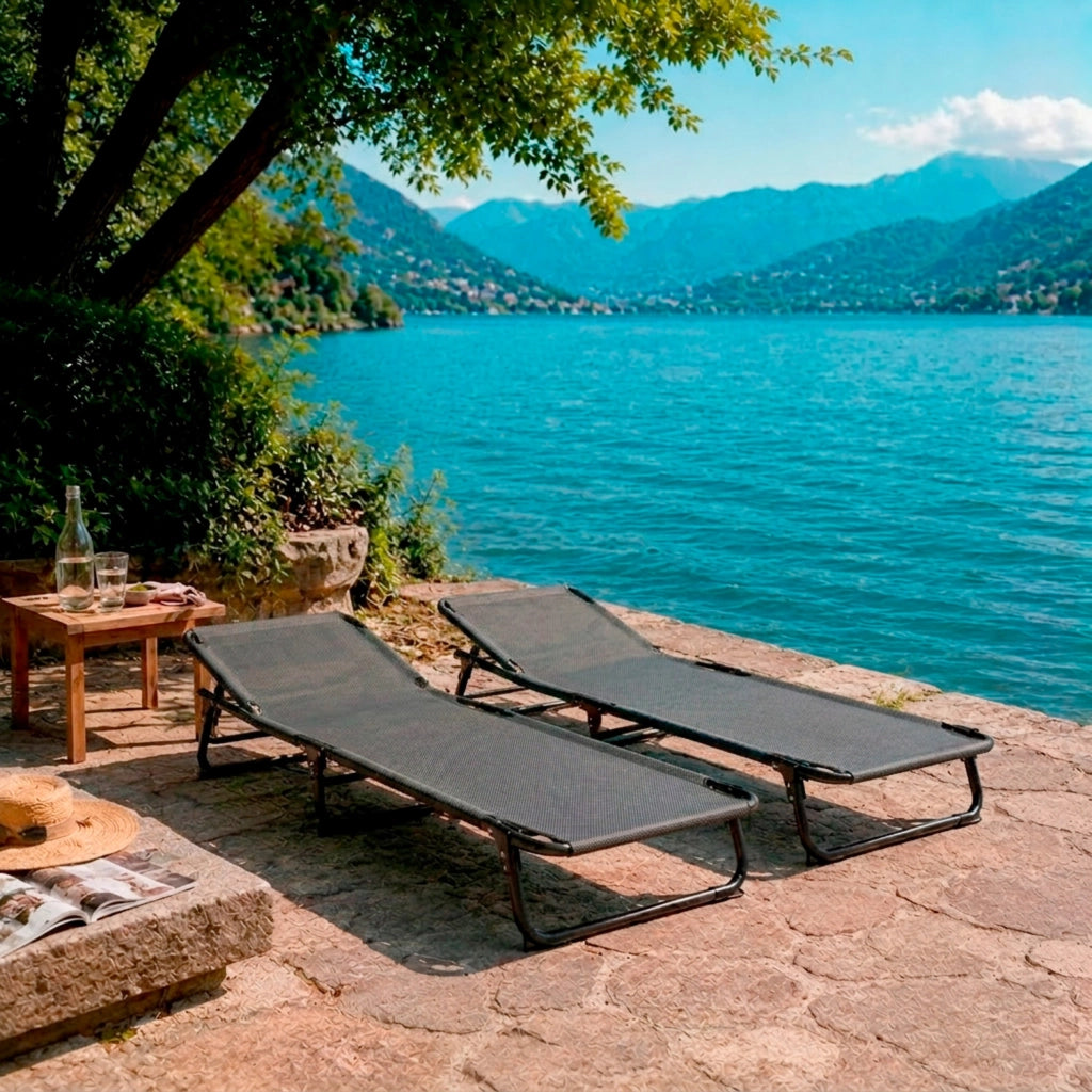Coppia Di Lettini Pieghevoli Prendisole Senza Tettuccio Parasole Schienale Reclinabile Regolabile Struttura In Metallo Nero Sedia Sdraio Per Spiaggia Giardino Piscina 187 x 53 x 24 Cm Grigio Scuro