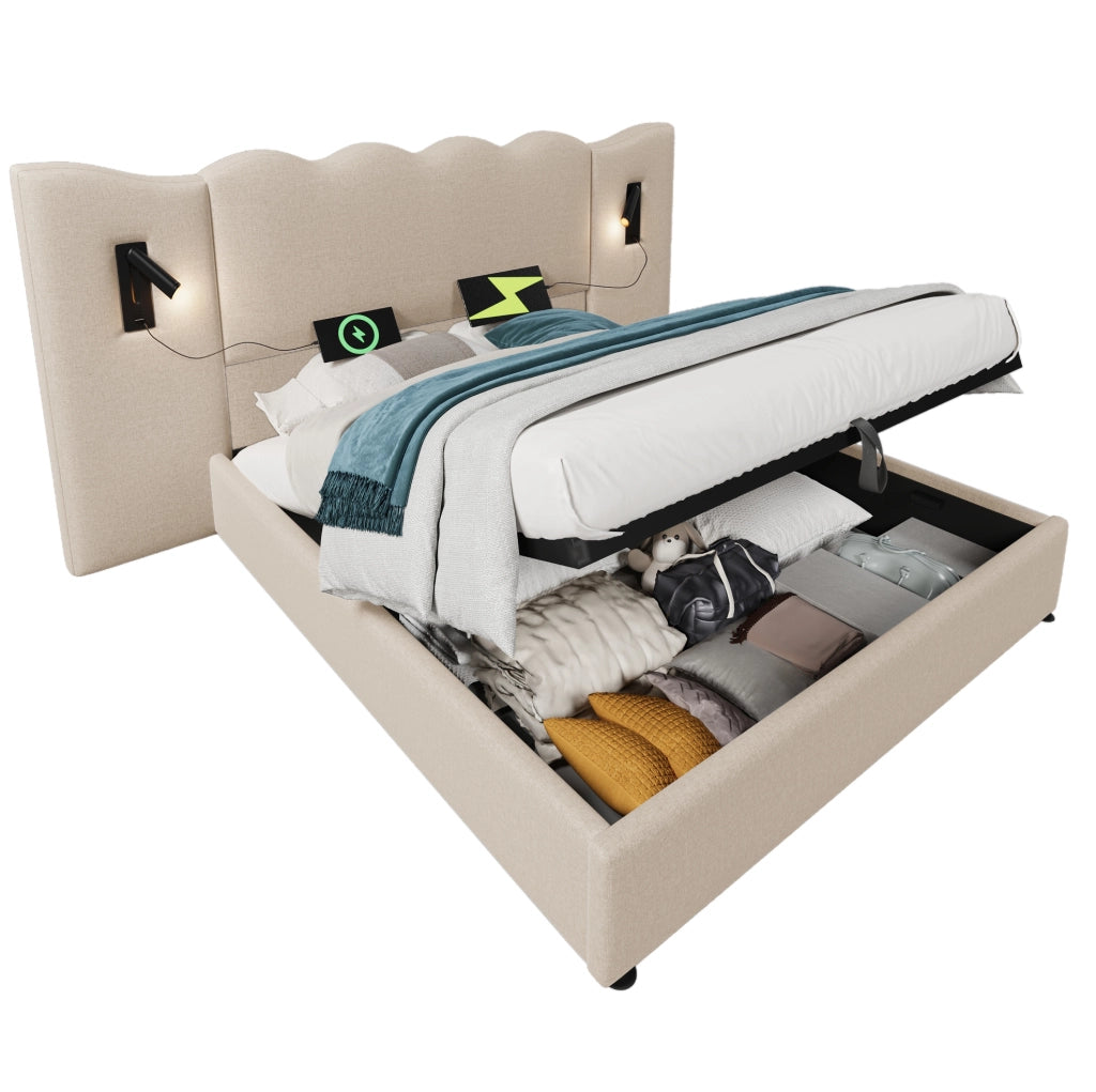 Letto matrimoniale contenitore 160x200 cm in lino beige con luce da lettura USB e Type-C