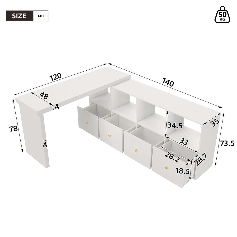 Scrivania angolare regolabile - Zephmum- Tavolo 360¡ã girevole, L o diritto, MDF, 4 scomparti, 4 cassetti, bianco
