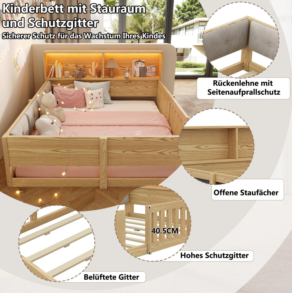 Letto per bambini 140 x 200 cm con sponde, LED e contenitore
