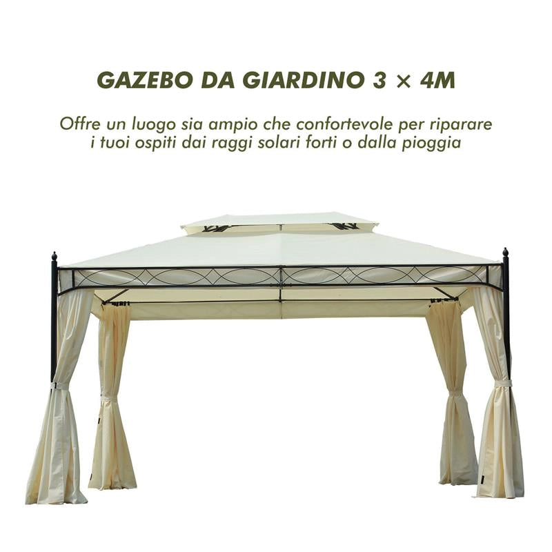 GAZEBO DA GIARDINO IN METALLO CON DOPPIO TETTO 3 X 4 M CREMA