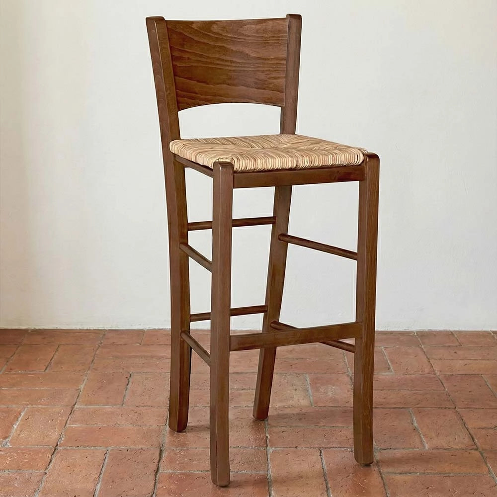 Sgabelli bar lucy in legno noce scuro h 73 cm con seduta in paglia di riso