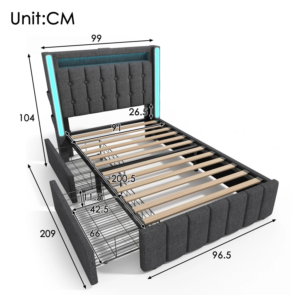 Letto singolo 90x200 cm in lino grigio con LED; USB e 2 cassetti laterali