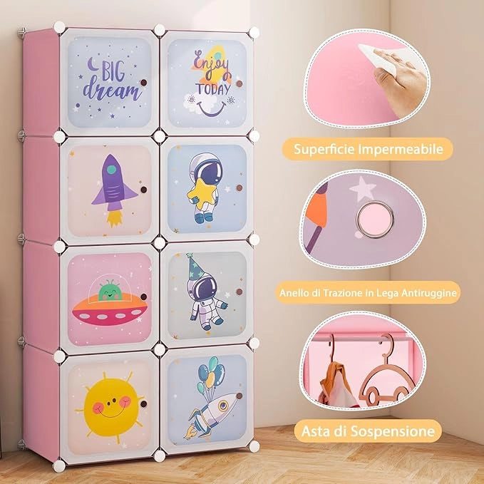 Armadio Portatile per Bambini, Organizzatore Modulari per Bambini a 8 cubi con Ante e Sezione Appendiabiti, Guardaroba Portatile per Sala Giochi Camera da Letto Asilo, 71x35,5x142 cm (Rosa)