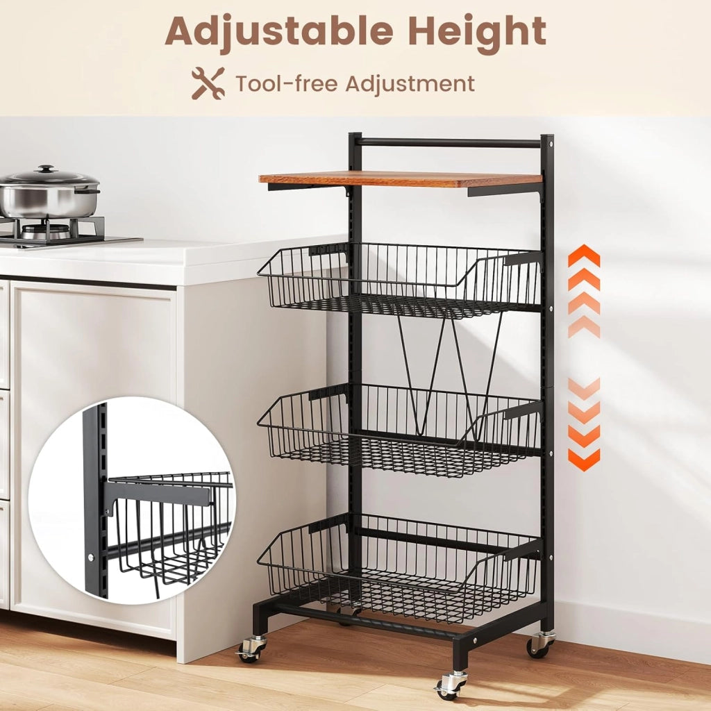 Carrello portaoggetti a 4 livelli, carrello da cucina con piano in legno, 3 cestini in metallo, telaio in metallo a 'W', carico totale 40 KG, mobile portaoggetti per cucina, camera da letto