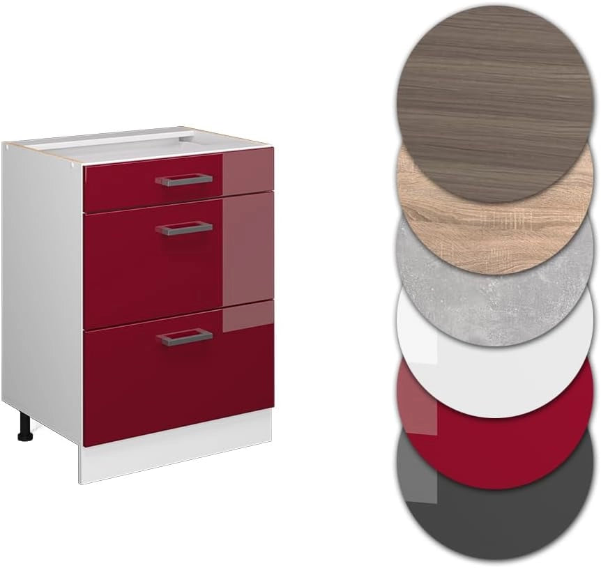 Mobiletto base per cucina R-Line, Rosso lucido, 60 cm con cassetti, senza piano di lavoro, per la libera combinazione all'interno di sistemi cucina modulari