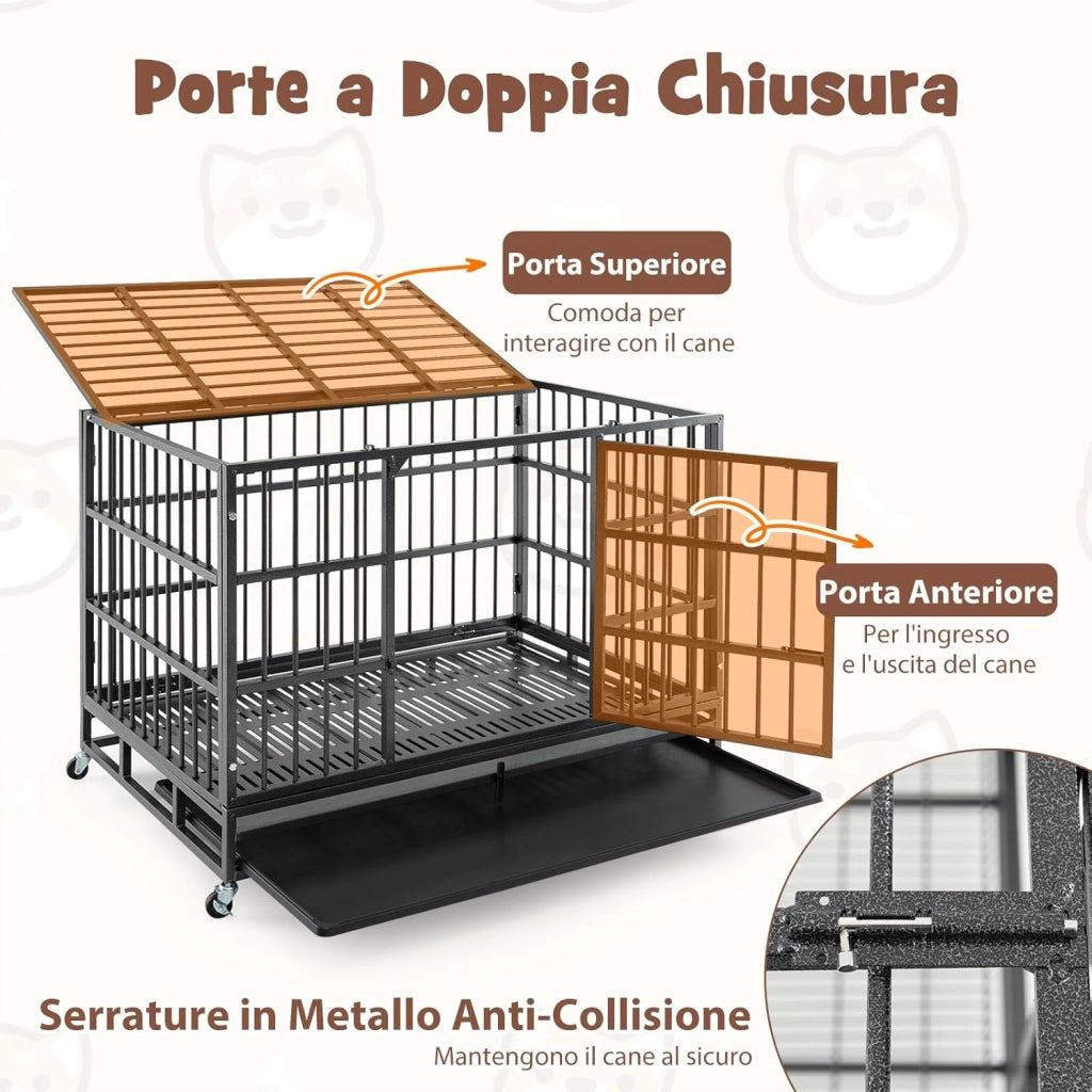 Gabbia per Cani in Metallo Pieghevole, Gabbia per Cani Anti-masticazione con Ruote, Vassoio Rimovibile e 2 Porte, Gabbia da Interno ed Esterno per Cani Media e Grande (120 x 76 x 90 cm)