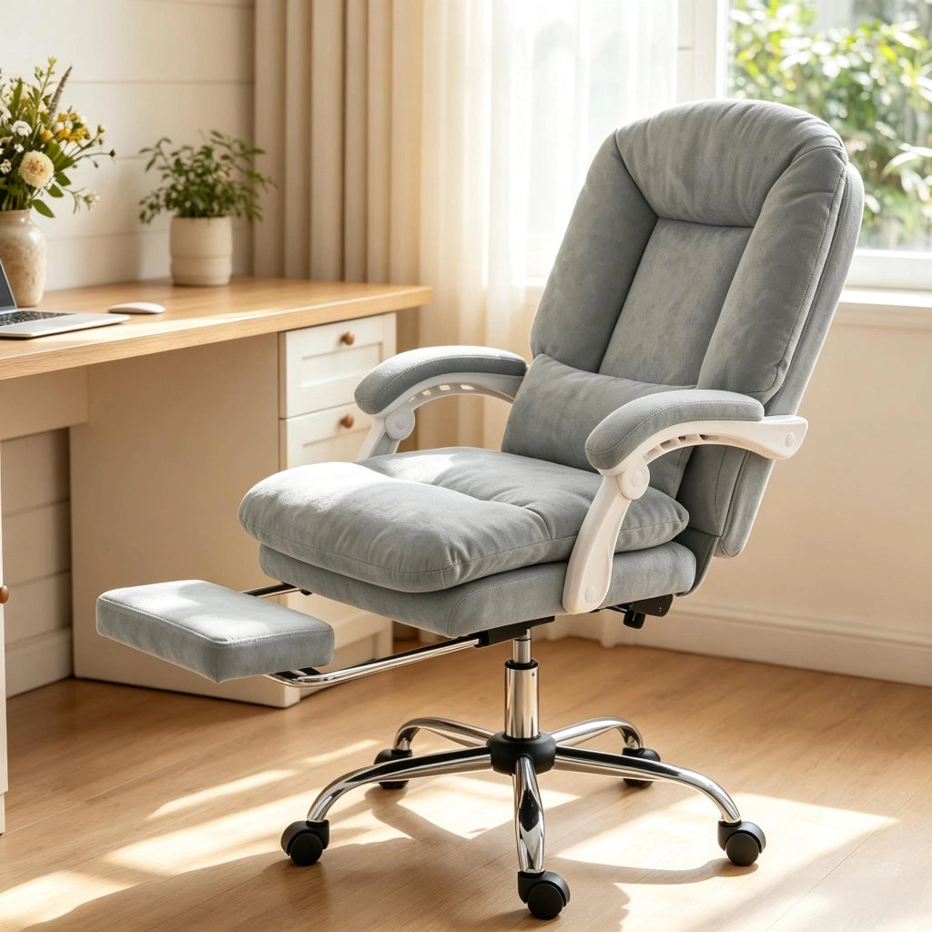 Sedia da ufficio ergonomica in velluto reclinabile fino a 155° con poggiapiedi e cuscino lombare grigio
