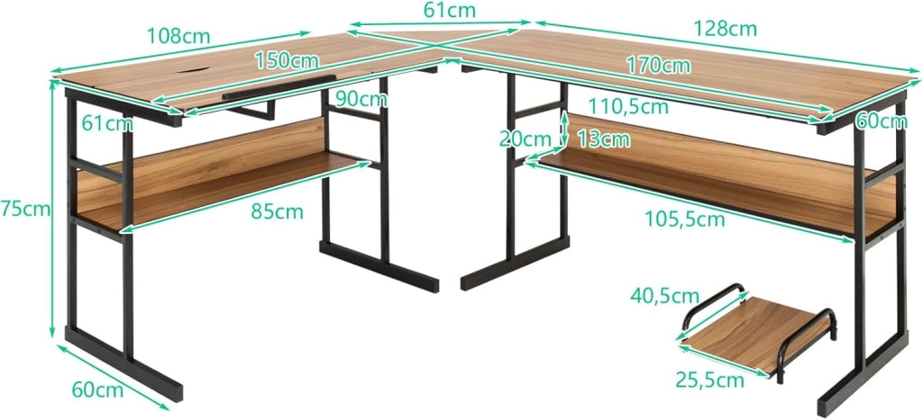 Scrivania Angolare 170 CM, Scrivania per Computer ad Angolo Moderna con Piano Inclinabile, Scaffale Inferiore e Supporto per CPU, Scrivania a Forma di L per Ufficio e Studio (Noce)