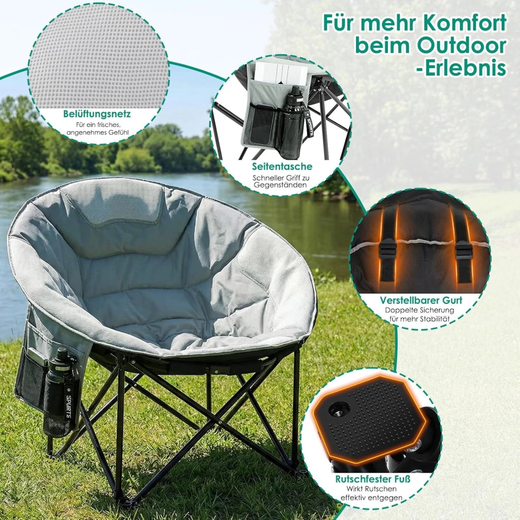 Moonchair - 2 sedie da campeggio rotonde, 150 kg, XXL, pieghevoli, con tessuto a rete traspirante, borsa per il trasporto, piedini antiscivolo, tasca laterale, sedia pieghevole per giardino