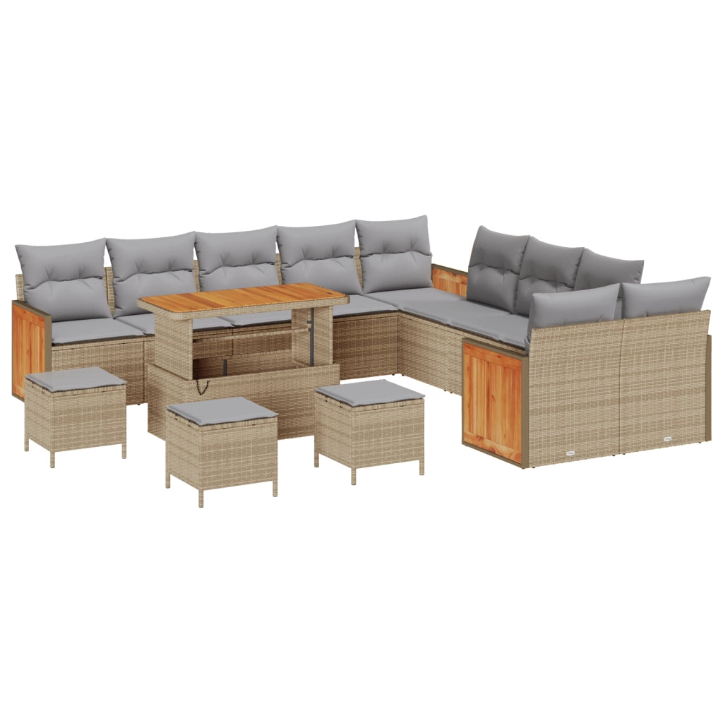 Set Divano da Giardino  14 Pezzi con Cuscini Beige Polyrattan Acacia
