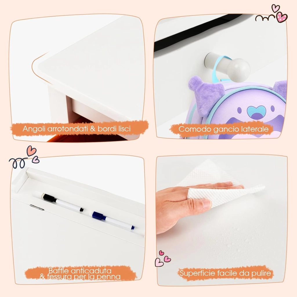 Set Tavolo e Sedia per Bambini, Scrivania Ribaltabile con Sedia per Bambini in Legno, con Cassetto e Gancio Estraibile (Bianco)