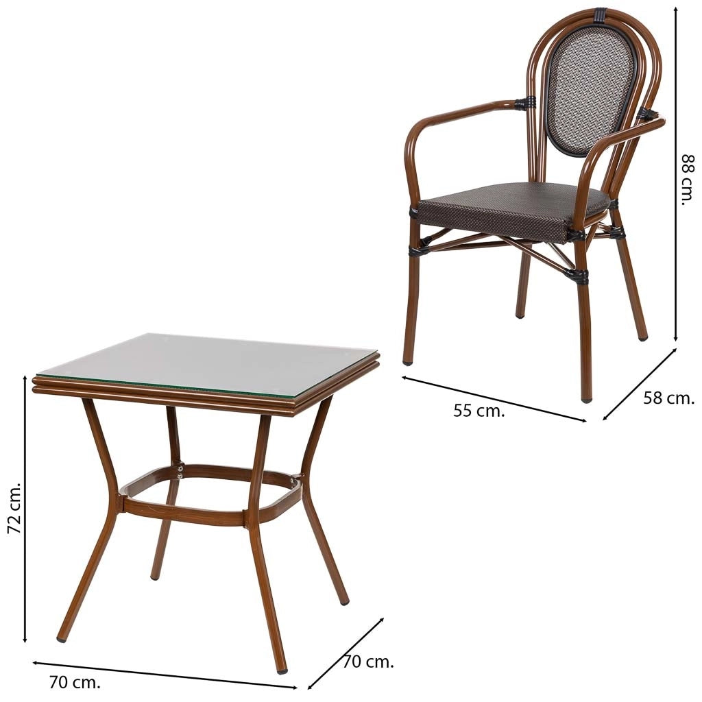 Set tavolo e 2 sedie marrone, tavolo: 70x70x72. sedia (2): 55x58x88