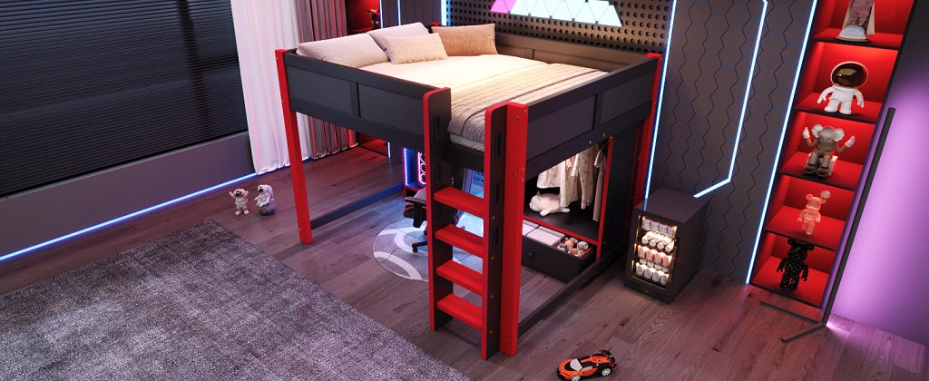 LETTO A CASTELLO gaming 140x200 cm nero e rosso con scrivania, armadio e ripiani