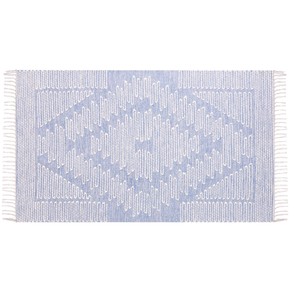 Tappeto in cotone e lana con nappe bianco blu 80 x 150 cm soggiorno camera da letto