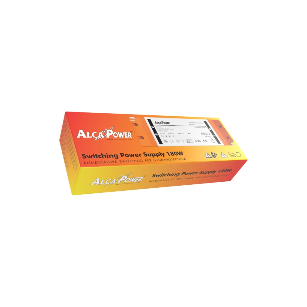 Alcapower Alimentatore Switching per Illuminotecnica 12V 15A 180W, compatto e protetto, ideale per sistemi LED ad alte prestazioni, IP20 205x71x35mm