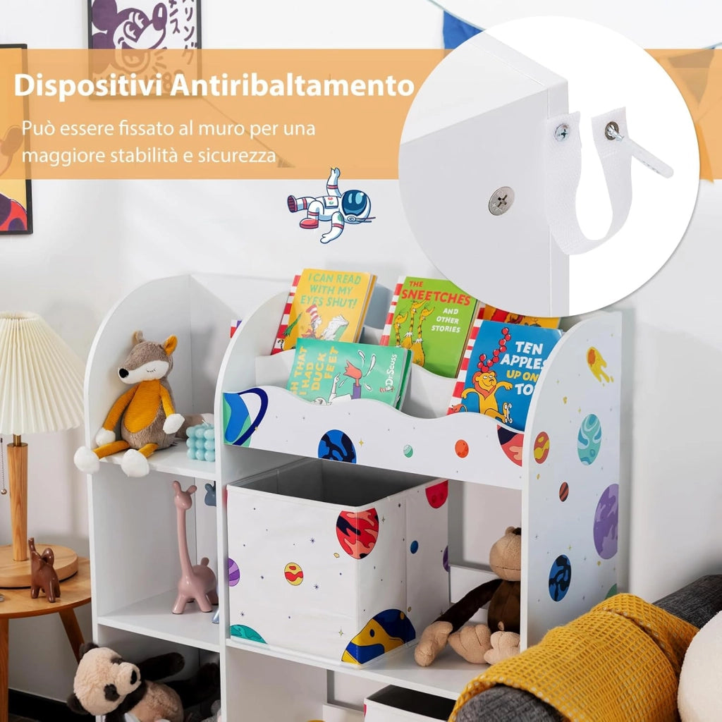 Armadio per Bambini, Scaffale di Legno con 3 Livelli e 5 Scompartimenti, 2 Cassetti in Tessuto e 3 Spazi per Giocattoli e Libri, Scaffale Verticale per Bambini, Bianco (Astronauta)