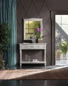 Consolle scrittoio entratina isira in legno massiccio Shabby chic bianco con specchiera