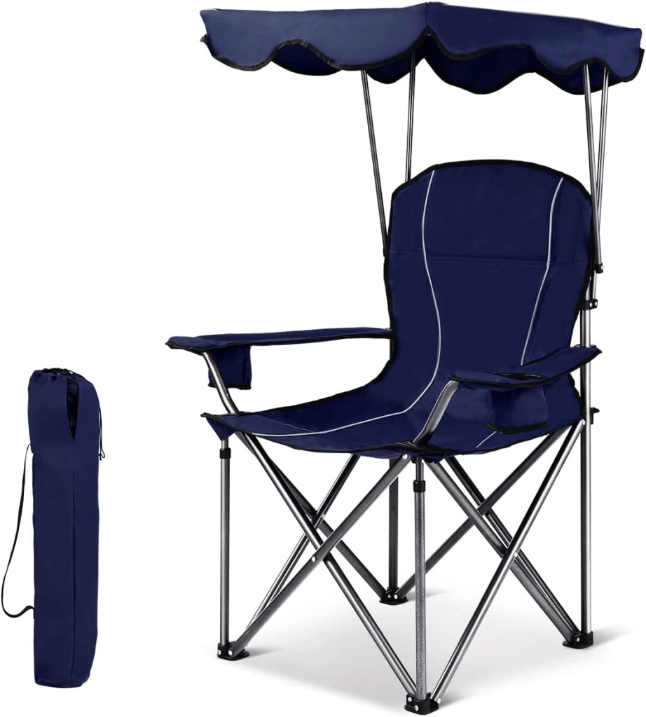 Sedia da campeggio con baldacchino, ombra, sedia da spiaggia e beach chair, pieghevole, con portabevande e borsa, per esterni, fino a 130 kg (rosso)
