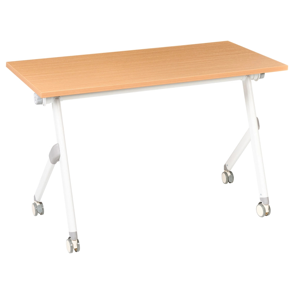 Scrivania da ufficio pieghevole con struttura in metallo marrone e bianco, piano in MFC 120 x 60 cm, tavolo pieghevole portatile con rotelle