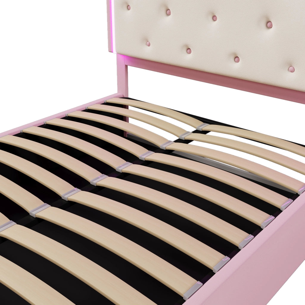 OKWISH Letto Contenitore 140×200 cm, Letto Matrimoniale con LED Regolabile e Contenitore Idraulico, senza Materasso, in PU, Rosa