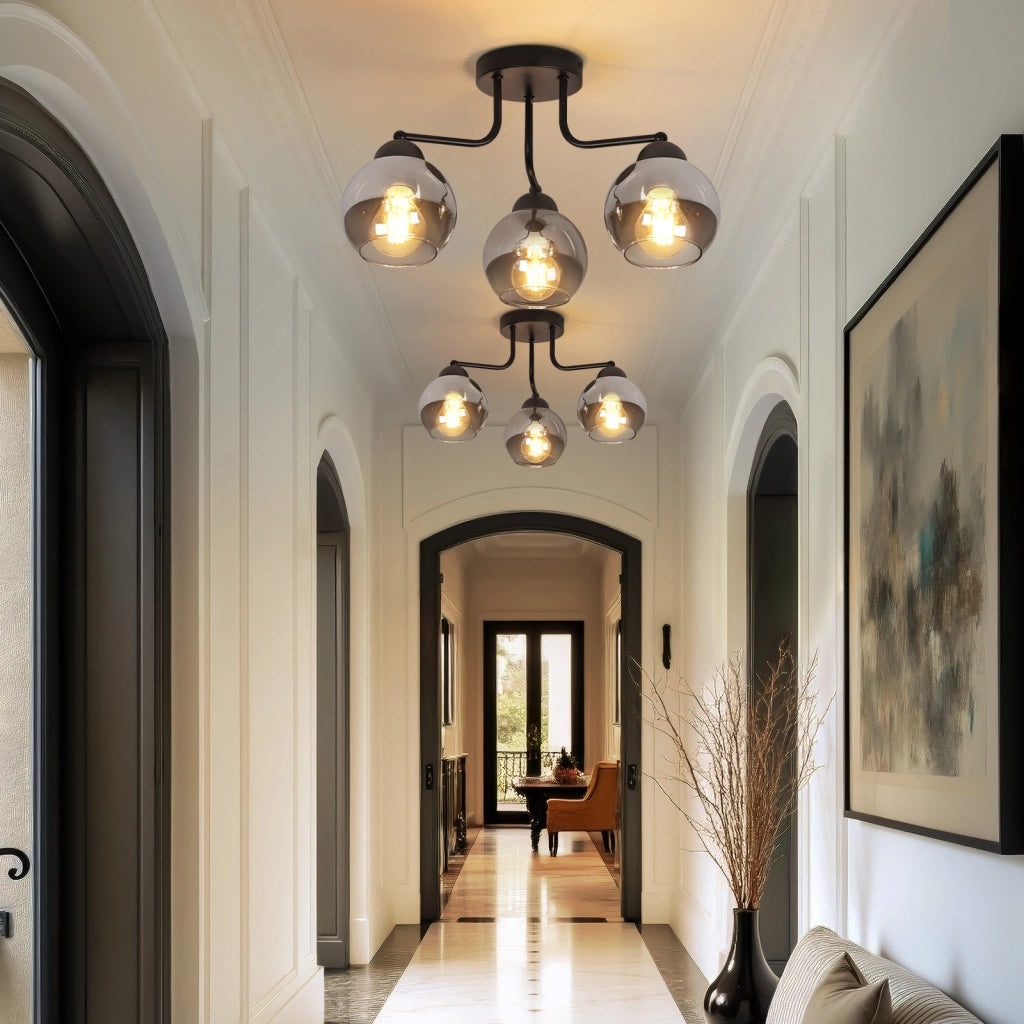 ZMH Lampada da soffitto in vetro nero vintage 3 fiamme E27 industriale rotonda illuminazione