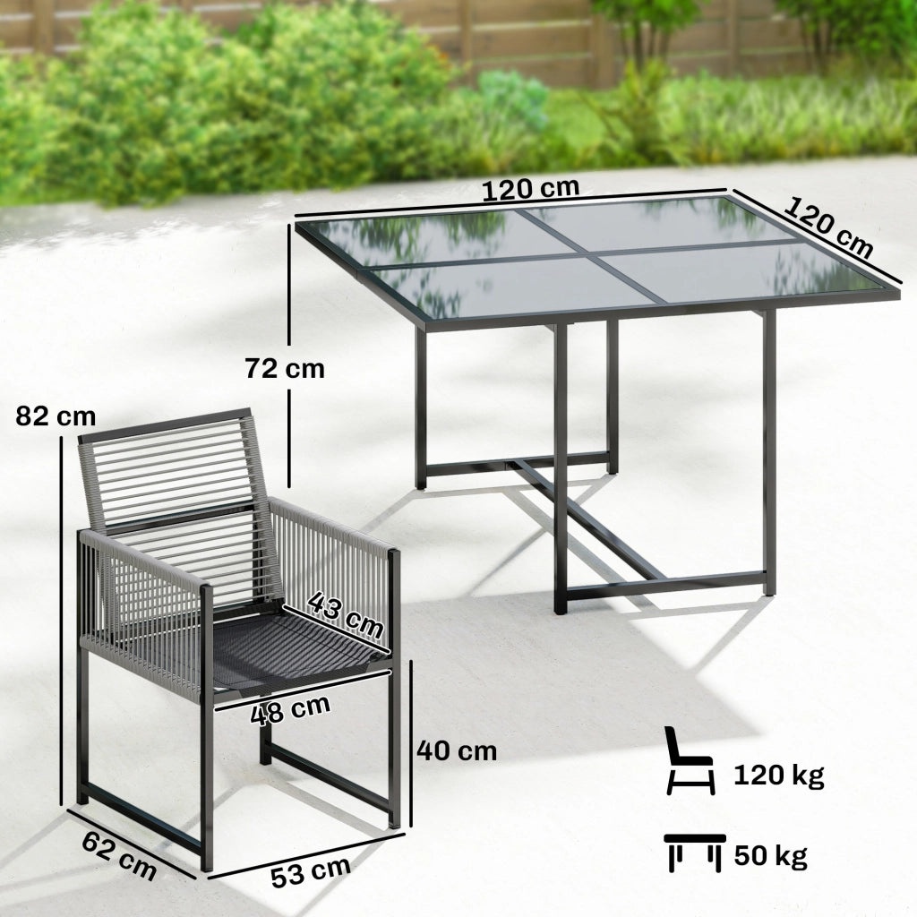 Set Giardino 5 Pezzi con Tavolo Vetro e 4 Sedie Pieghevoli ¨C zephmum ¨C Grigio