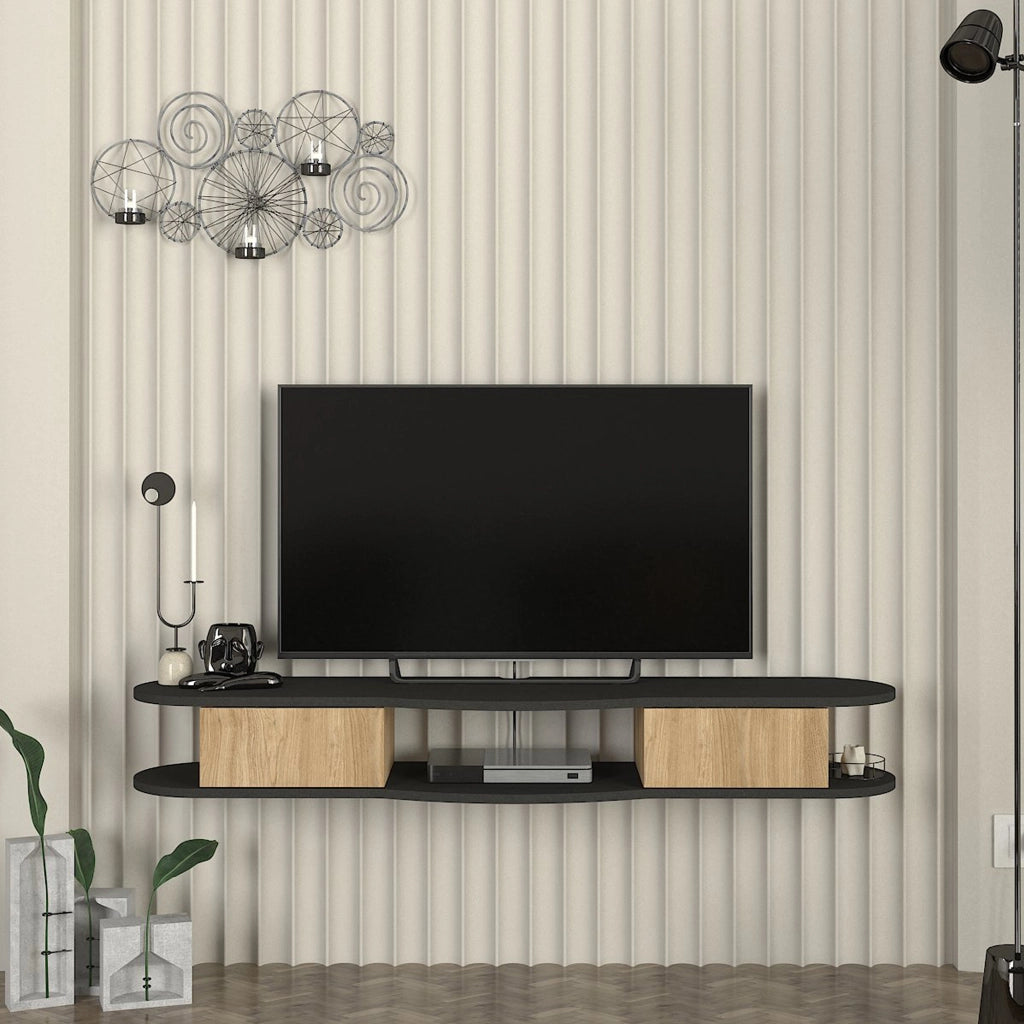 Mobile Porta TV Nyskiri da Parete con Ante a Ribalta 150x35x19 cm - Antracite/Effetto Rovere [en.casa]