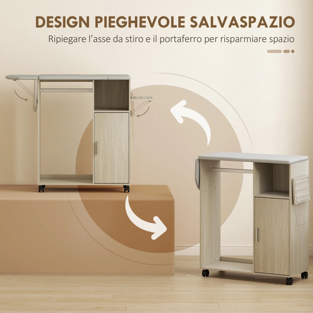 Mobile Asse da Stiro in Effetto Lino Armadietto e Barra per Vestiti 127x42,5x99 cm Grigio e Color Legno