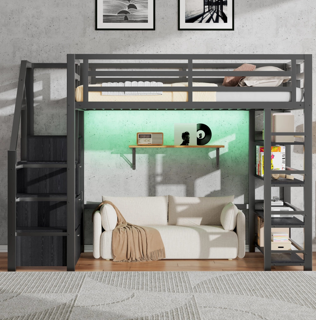Letto a soppalco 140x200 cm con armadio; scaffale; scala contenitore e LED; nero