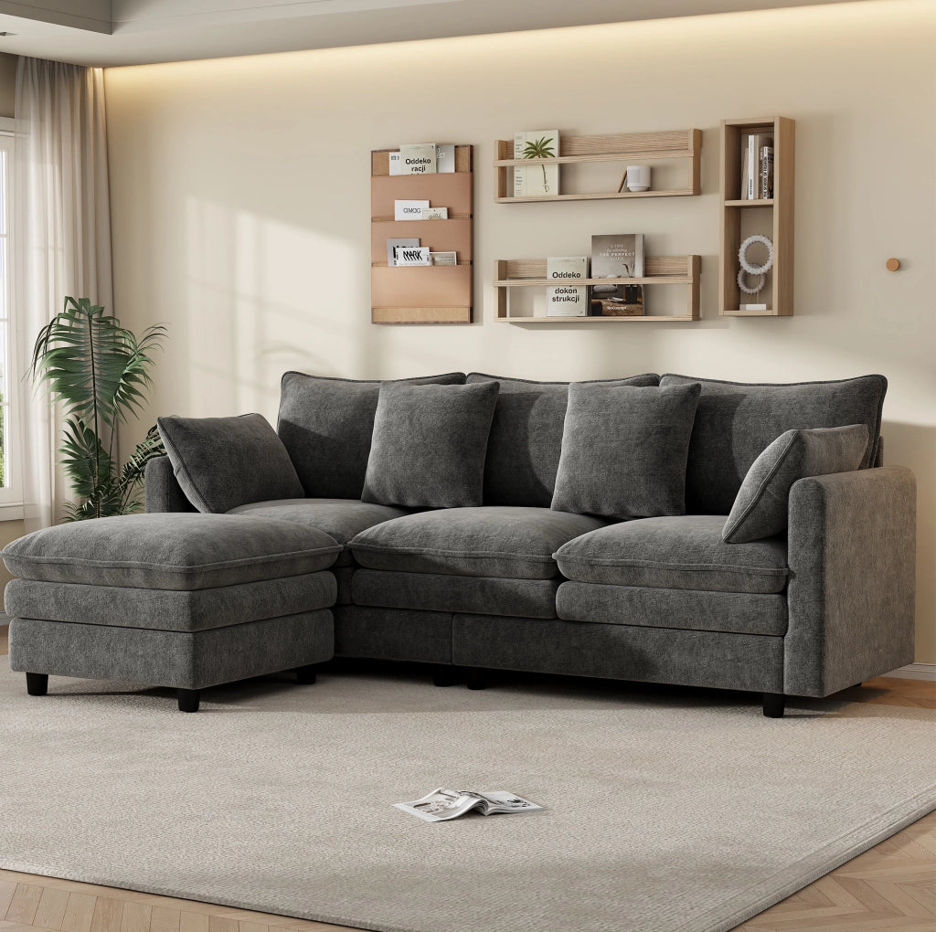 Divano angolare 3 posti in chenille grigio con chaise longue mobile