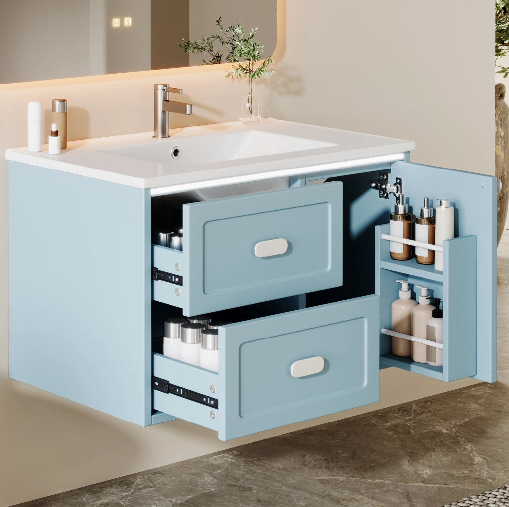 Mobile bagno sospeso 76x46x51 cm con illuminazione LED a sensore; lavabo integrato in ceramica; MDF blu
