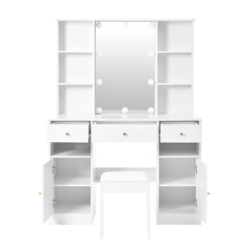 Toeletta 110x40x151 cm con specchio, 10 luci LED e contenitori bianca