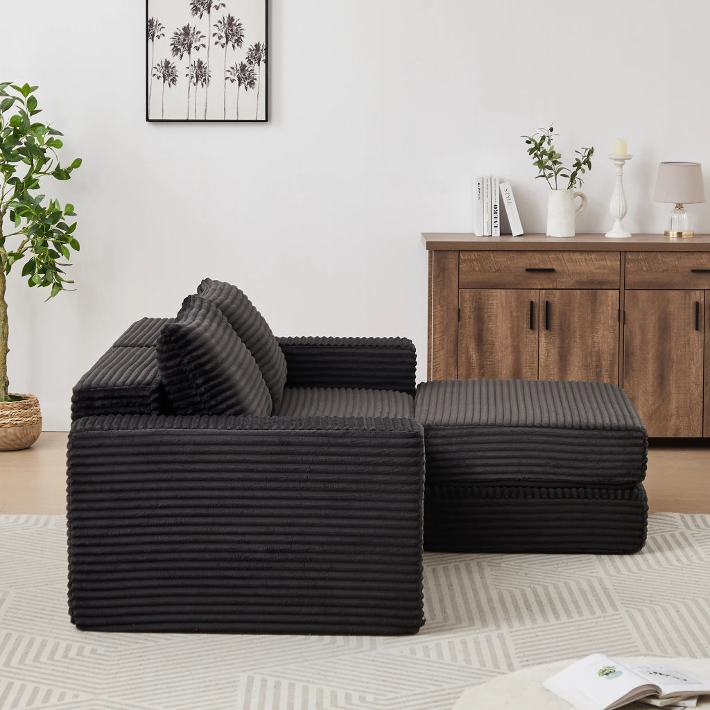 Divano letto modulare con chaise longue e braccioli quadrati, in velluto a coste Nero