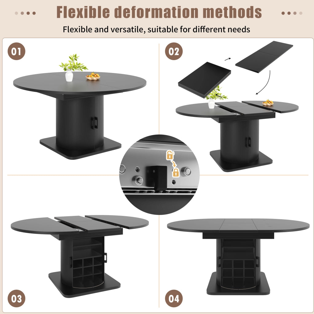 Tavolo da pranzo allungabile con contenitore, piano MDF nero, ripiani estraibili e portabicchieri