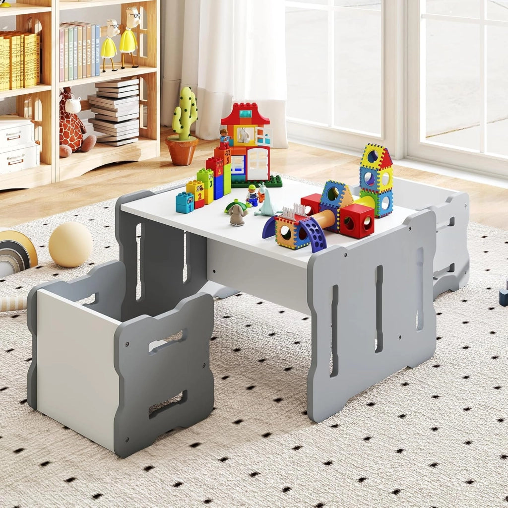 Set Tavolo e Sedia per Bambini, Set 3 Pezzi per Bambini con 2 Sgabelli e Tavolo Attività, Angoli Arrotondati e Maniglia, Mobili Multifunzionali per Casa, Scuola e Asilo (Grigio)