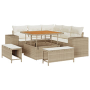 Set Divano da Giardino a 8 Pezzi con Cuscini Beige Polyrattan Acacia