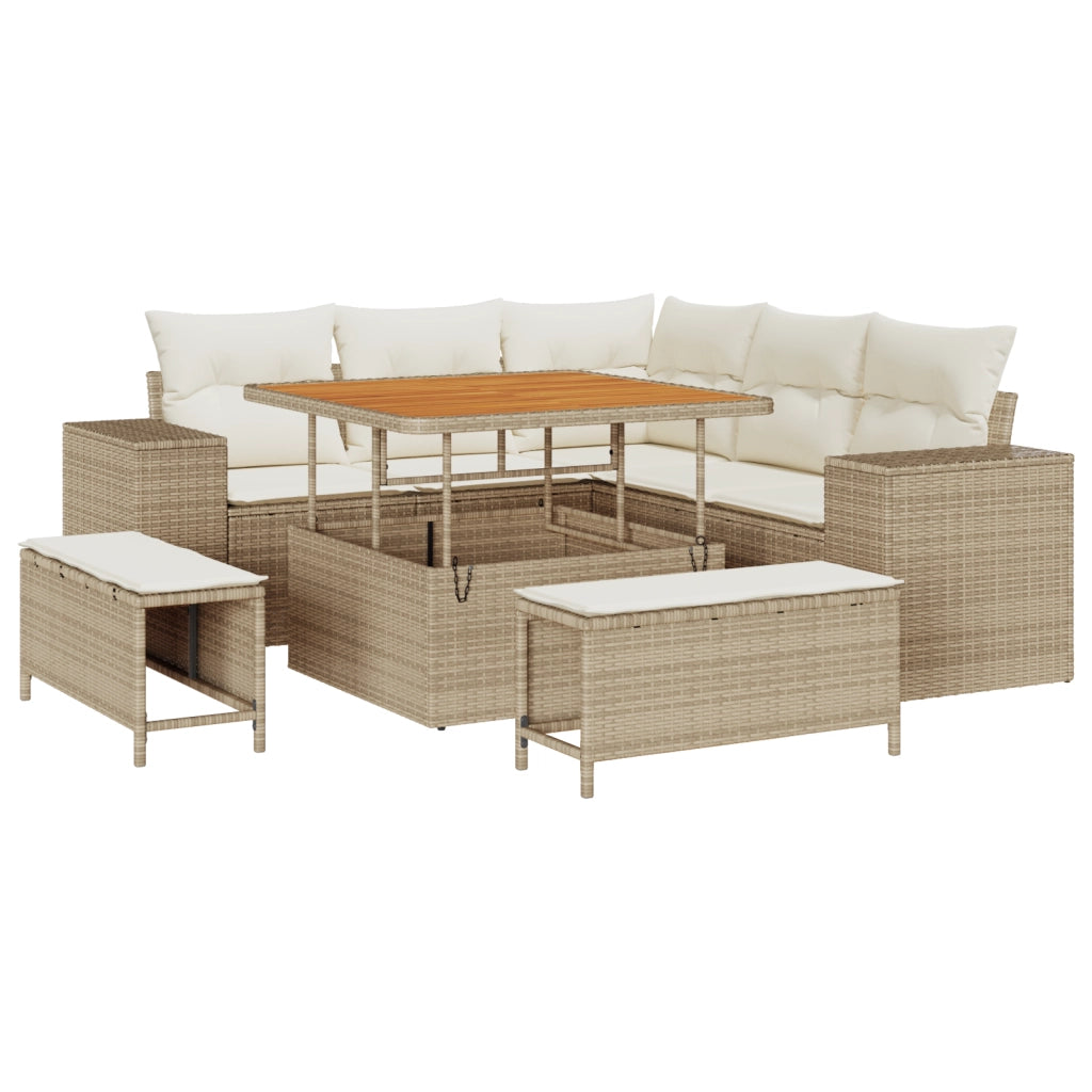 Set Divano da Giardino a 8 Pezzi con Cuscini Beige Polyrattan Acacia